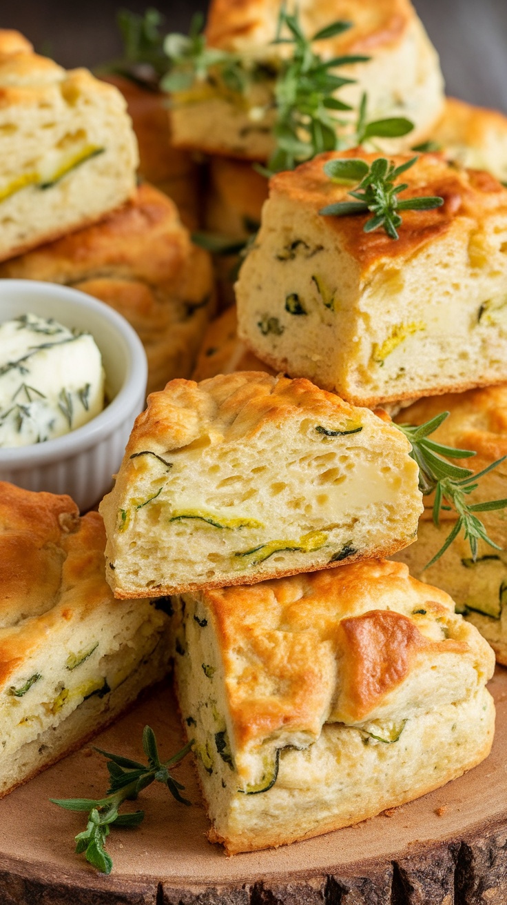 Golden-brown savory zucchini and cheese scones on a wooden platter, garnished with herbs and a bowl of butter.